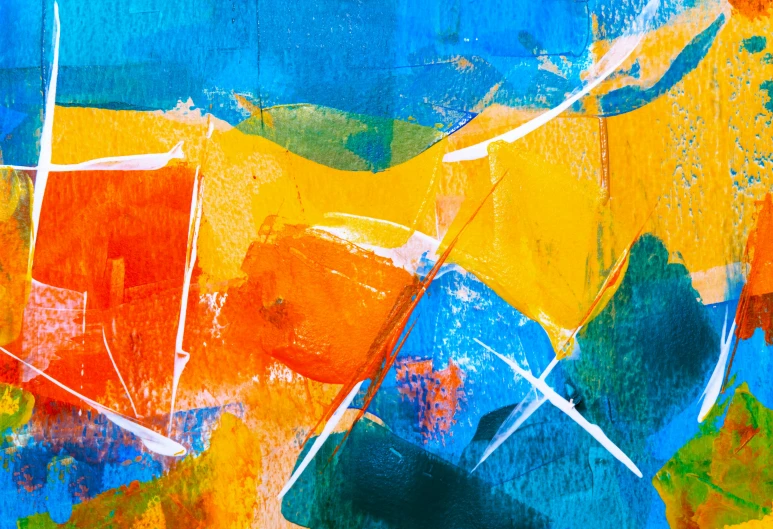 a close up of a painting on a wall, an abstract painting, trending on pixabay, abstract art, some orange and blue, cheerful colours, ntricate oil painting, painting of a room