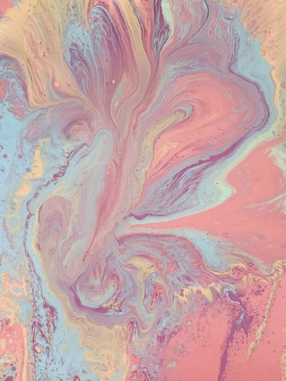 an abstract painting with pink, blue and yellow colors, inspired by Yanjun Cheng, trending on unsplash, marbled swirls, iridescent skin, made of liquid, earth and pastel colors