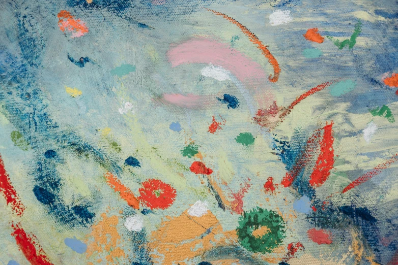 a close up of a painting on a wall, an abstract painting, inspired by Howardena Pindell, oil on canvas (1921), colourful pastel, 1947, underwater scene
