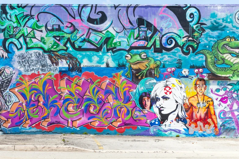 a wall covered in lots of graffiti next to a fire hydrant, graffiti art, by Meredith Dillman, pexels, south beach colors, panoramic shot, lisa frank & sho murase, an intricate