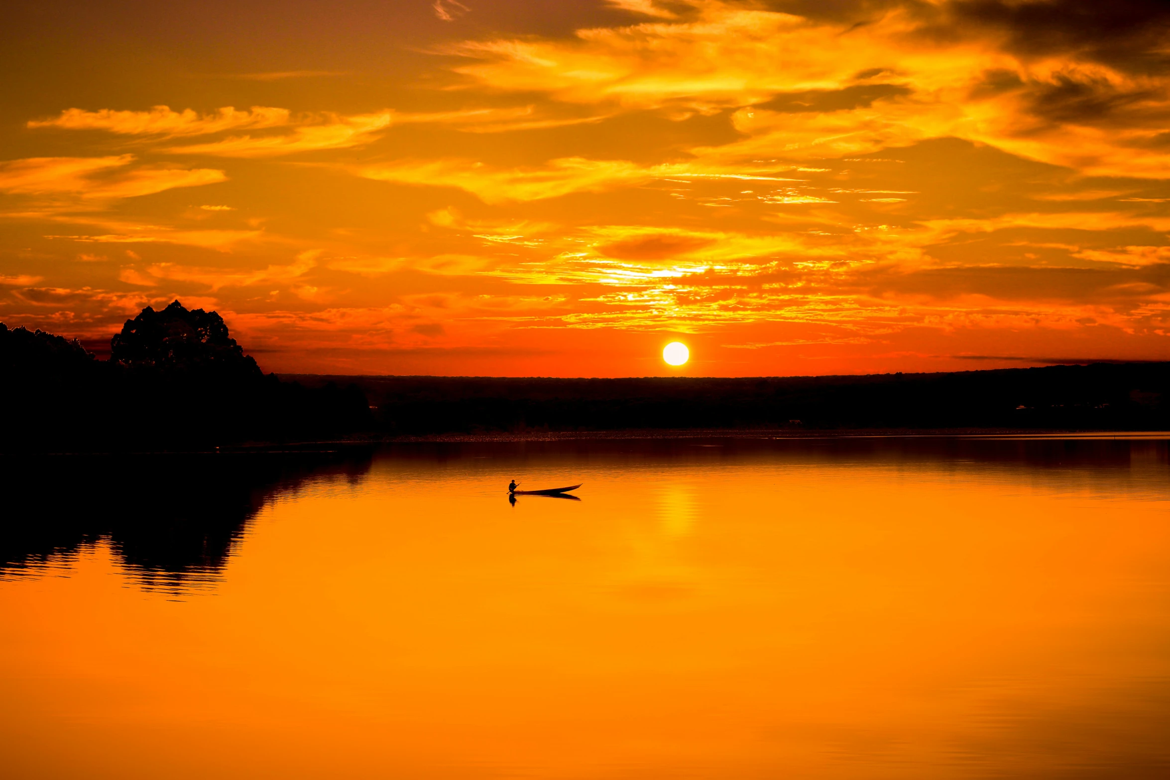 a person in a boat on a lake at sunset, pexels contest winner, minimalism, bright yellow and red sun, duck, slide show, golden clouds
