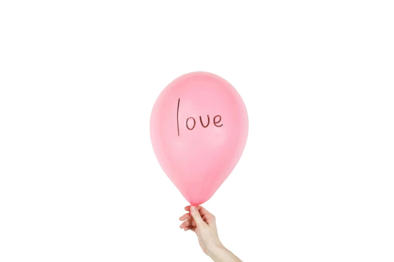a person holding a pink balloon with the word love written on it, full product shot, low colour, set against a white background, ffffound