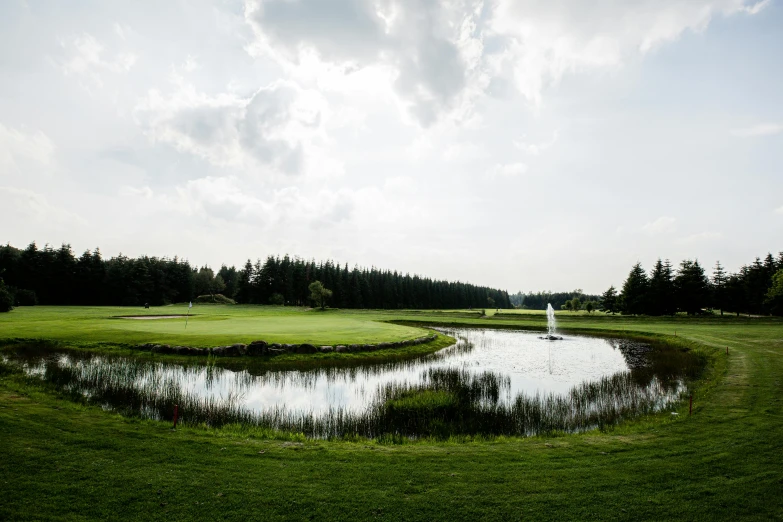 a golf course with a pond in the foreground, by Matthias Stom, unsplash, hurufiyya, fan favorite, trees around, portrait n - 9, swanland