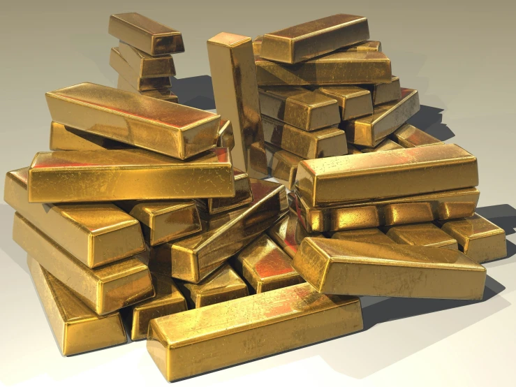 a pile of gold bars sitting on top of each other, trending on pixabay, art nouveau, c 4 d ”, promo image, thumbnail, rusty