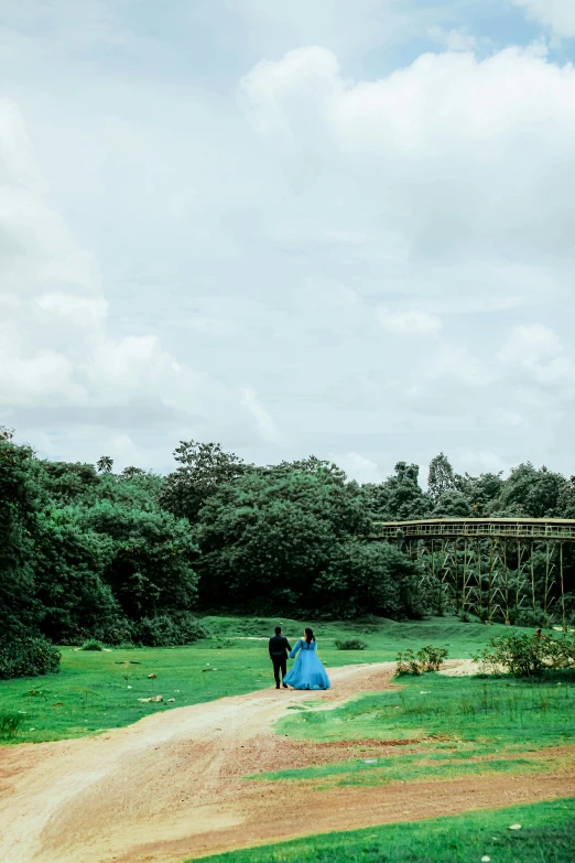 a couple of people that are standing in the grass, by Chinwe Chukwuogo-Roy, unsplash, sky bridge, kerala village, jungle gown, exterior botanical garden