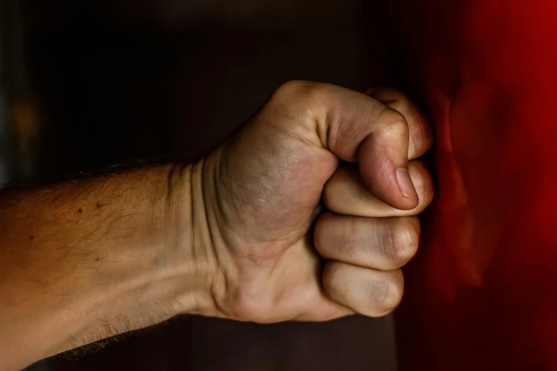 a close up of a person's fist on a red wall, inspired by Daryush Shokof, pexels contest winner, drunken fist, combat stance, profile image, indoor picture