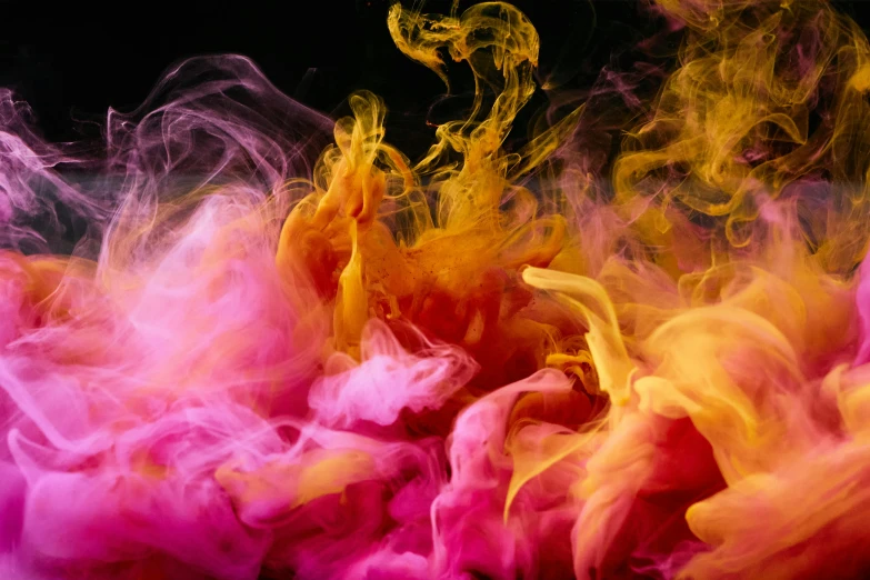 a close up of colored smoke on a black background, inspired by Kim Keever, pexels, pink and yellow, liquid gold, illustration », floating in perfume