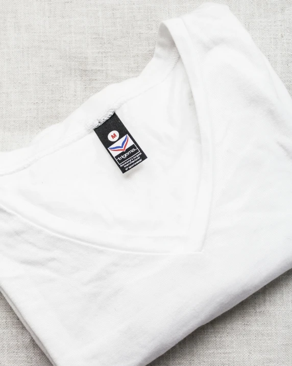 a white t - shirt sitting on top of a table, label, wearing v - neck top, inspect in inventory image, cotton fabric