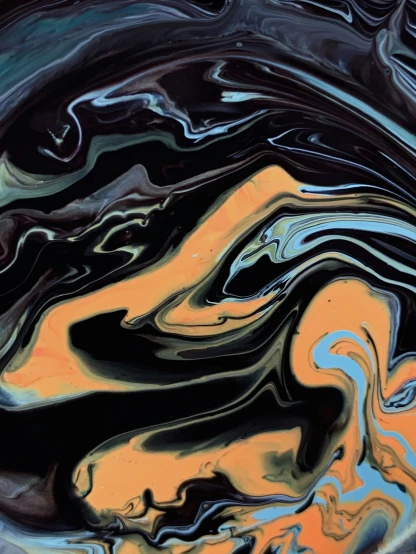 a close up of a liquid painting on a surface, trending on pexels, black and orange colour palette, album art, dmt waves, ilustration