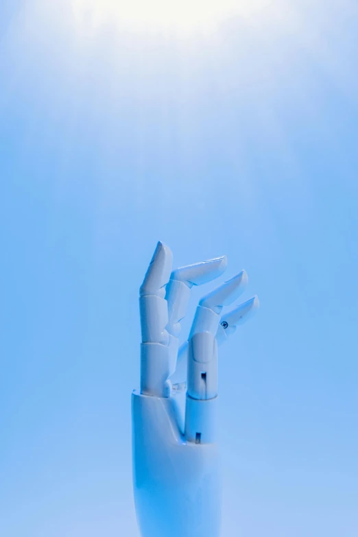a robotic hand reaching out of a cup, a surrealist sculpture, by Julian Allen, unsplash, aestheticism, sunbeams blue sky, avatar image, wrapped blue background, cybernetic implants