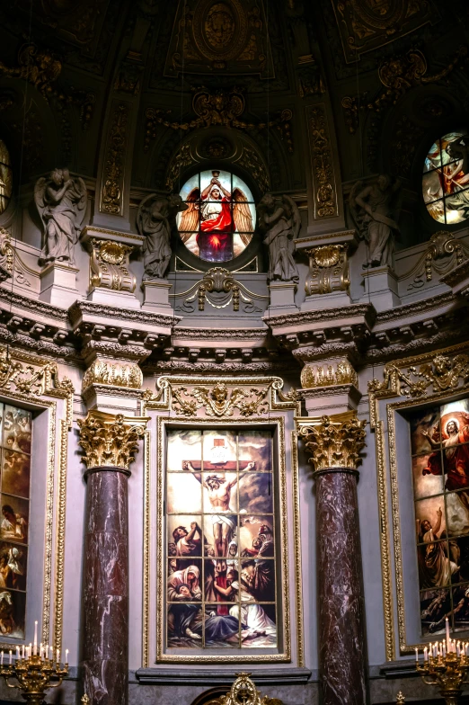 the interior of a church with stained glass windows, a renaissance painting, by Andrea del Verrocchio, mannerism, round windows, michelangelo da caravaggio, triptych, deity)