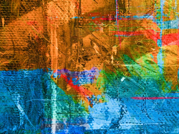 a close up of a painting on a wall, abstract art, cyan and orange palette. vivid, digital art - n 9, unfinished, textured