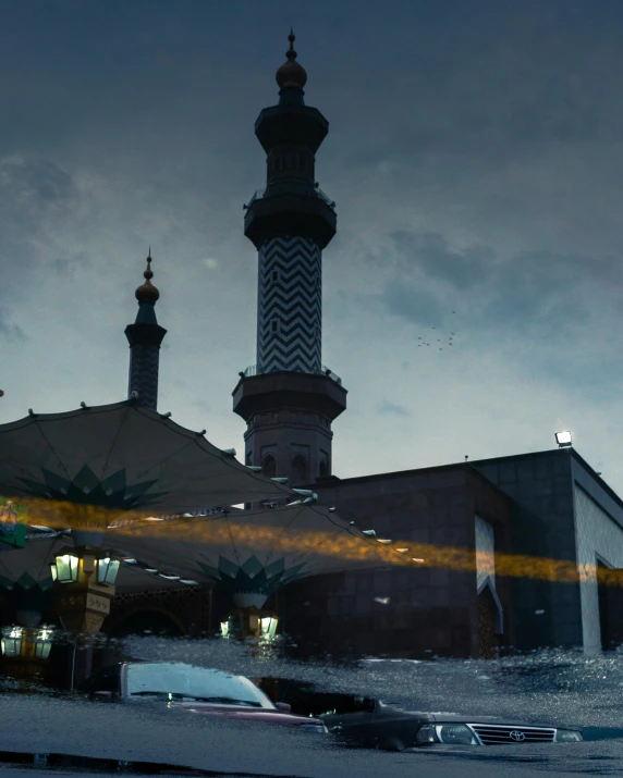 a car that is sitting in front of a building, a detailed matte painting, by Ismail Acar, pexels contest winner, flooded tower, muslim, cinematic movie photo, humid evening