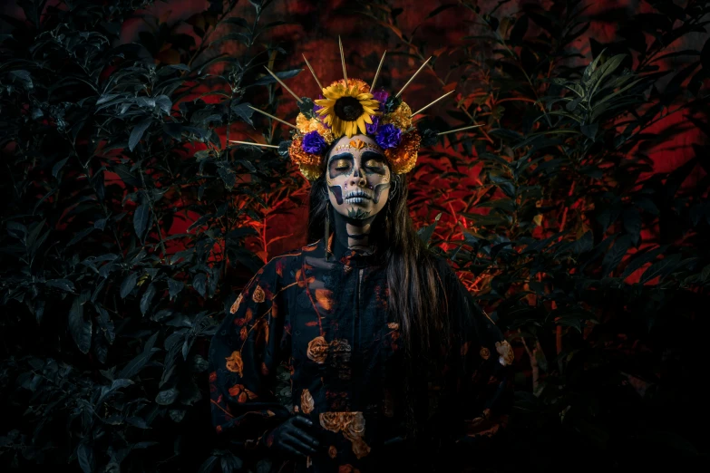 a woman with makeup and flowers in her hair, pexels contest winner, gothic art, tibetan skeleton dancer, apocalypse with vegetation, avatar image, group photo