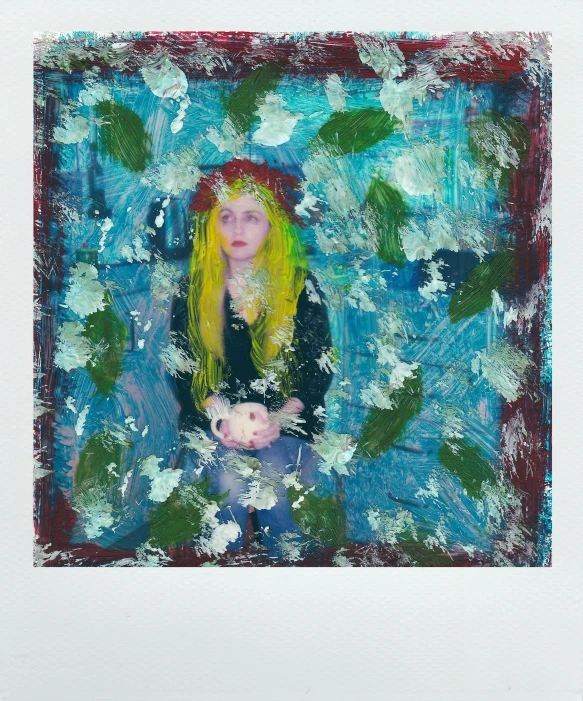 a painting of a woman with yellow hair, a polaroid photo, inspired by Lasar Segall, unsplash, with frozen flowers around her, kiki smith, medium-format print, 2 0 1 4