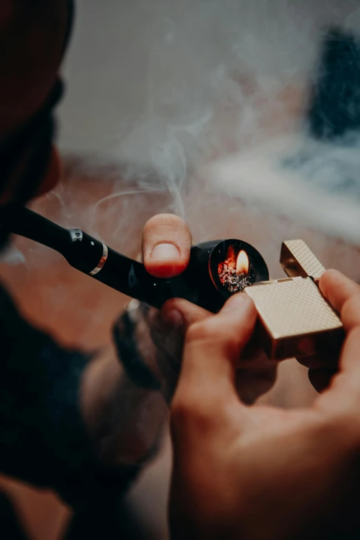 a man smoking a cigarette with a lighter in his hand, pexels contest winner, hyperrealism, smoking a bowl of hash together, hemp, holding fire and electricity, high quality product image”