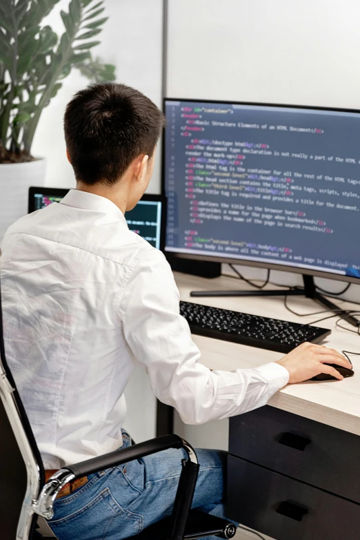 a man sitting at a desk in front of a computer, procedural code, python, repairing the other one, back facing