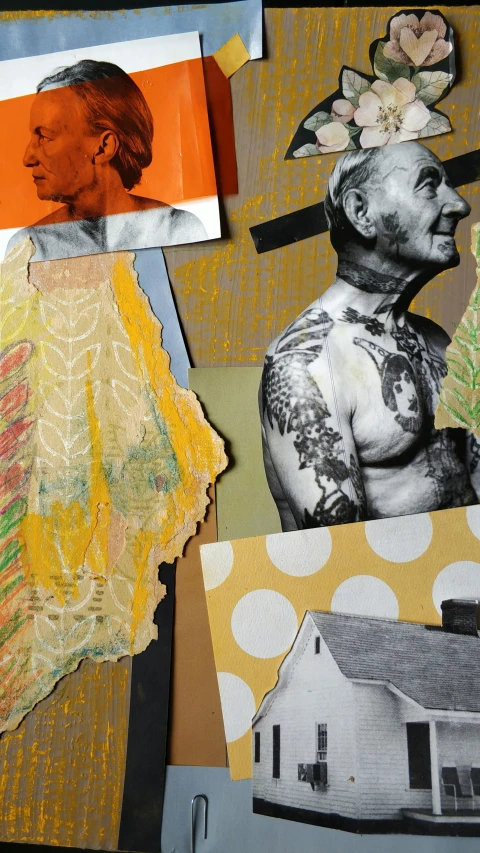 a collage of old black and white photos, an album cover, inspired by Robert Rauschenberg, tattooed man, colored paper collage, 15081959 21121991 01012000 4k, perspicious detail