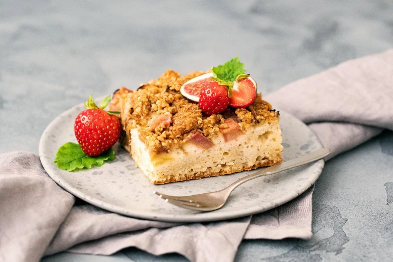 a piece of cake with strawberries on a plate, a pastel, unsplash, baroque, square, australia, full product shot, piroca