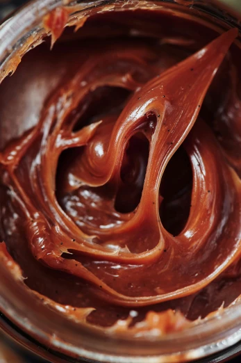 a close up of a bowl of chocolate frosting, trending on pexels, process art, caramel, promo image, glossy skin, thc