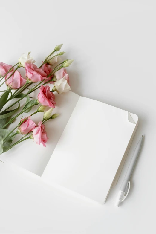 a notebook, pen and flowers on a white surface, on a table, uploaded, greeting card, multiple stories