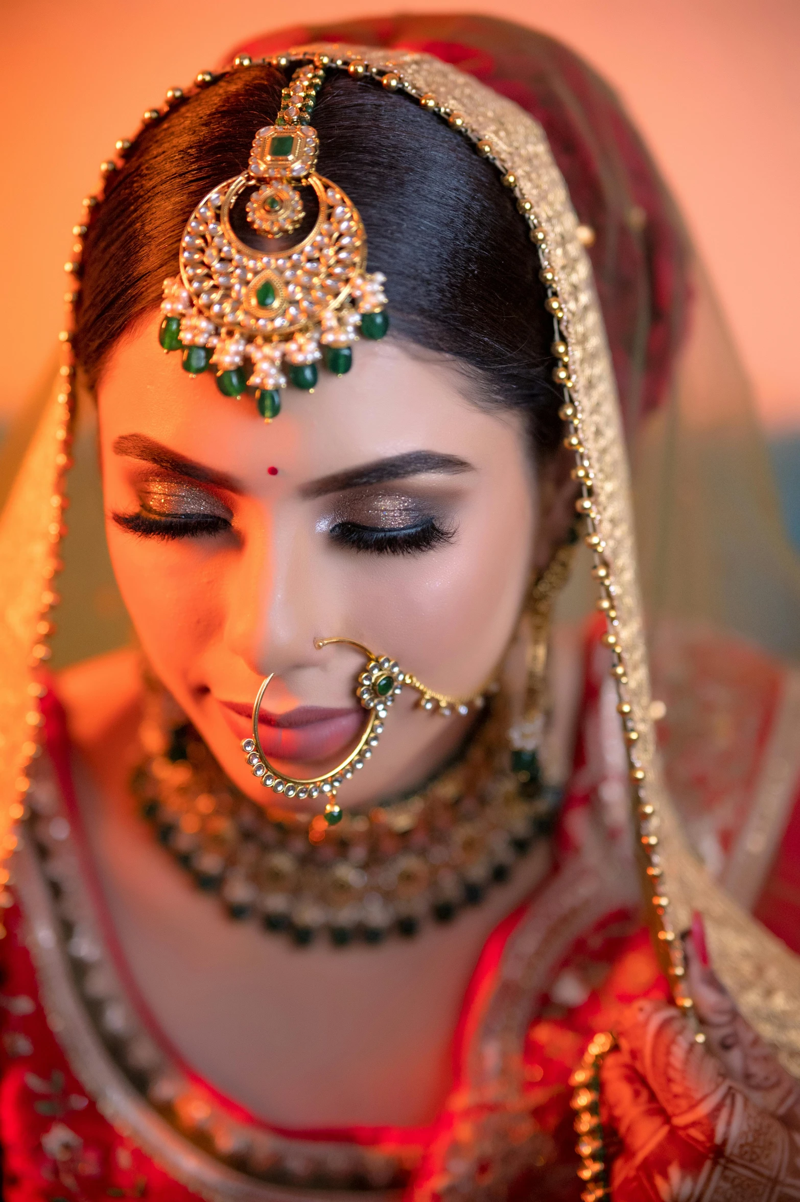 a woman in a red and gold outfit with a nose ring, a picture, pexels contest winner, hurufiyya, bride, #green, square, thumbnail