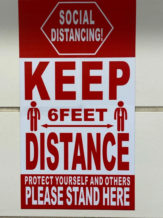 a red and white sign sitting on the side of a building, 5 feet distance from the camera, ilustration, fencing, standing upright like people