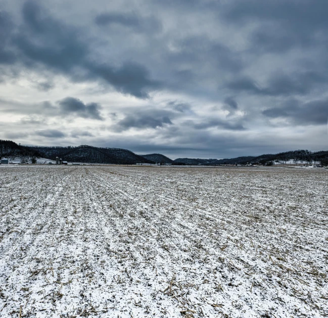 a field covered in snow under a cloudy sky, by Tobias Stimmer, unsplash, nitrogen-rich soil, flattened, greg rutkowski winter, (3 are winter