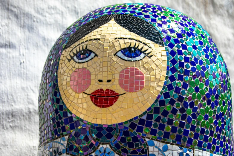 a close up of a sculpture of a woman's face, a mosaic, cloisonnism, humpty dumpty in form of egg, detailed face of an arabic woman, domes, avatar image