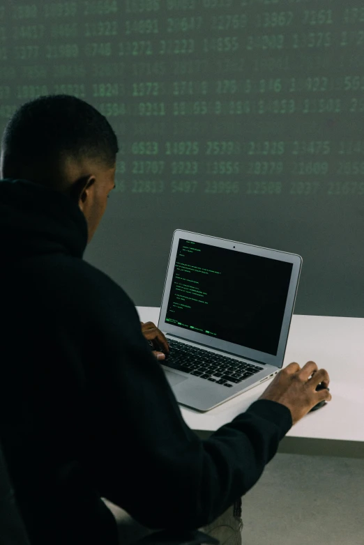 a man sitting in front of a laptop computer, a computer rendering, pexels, hacking into the mainframe, photo of a black woman, shot from the back, plain background