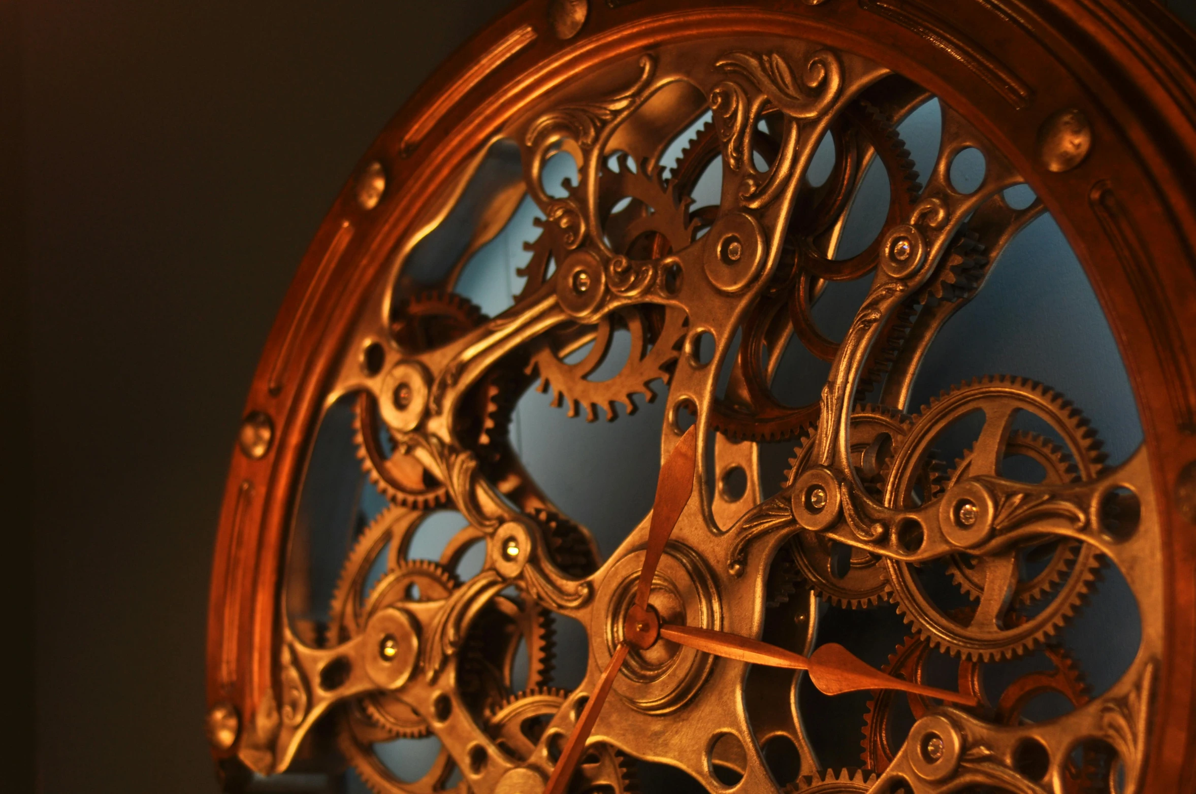 a close up of a clock on a wall, trending on zbrush central, kinetic art, cogs and wheels, copper and brass, c 4 d ”, intricate detailed 8 k