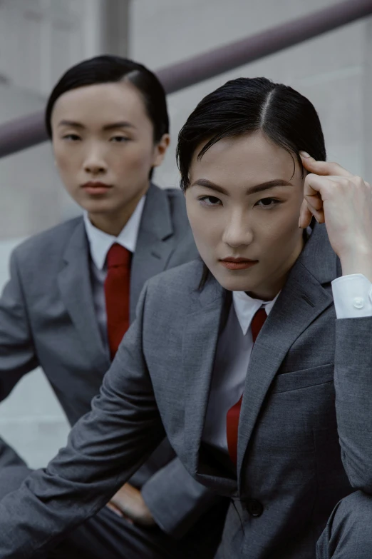 a man in a suit sitting next to a woman in a red tie, inspired by Zhang Xiaogang, trending on unsplash, portrait androgynous girl, two japanese schoolgirls posing, grey shift, looking serious