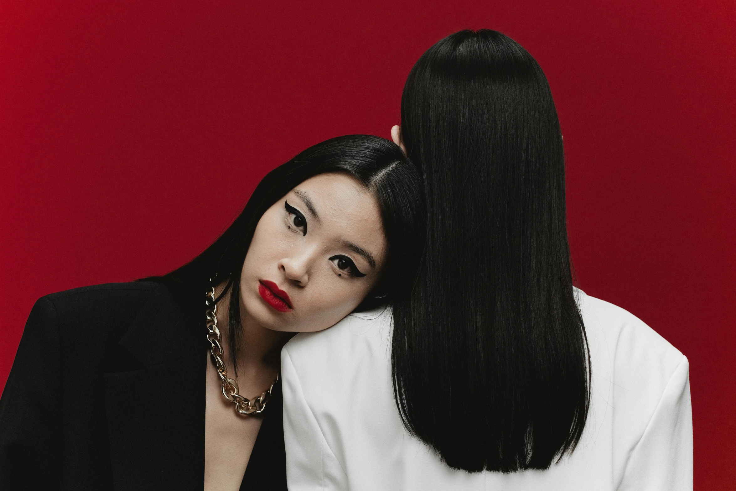 a couple of women standing next to each other, an album cover, inspired by Wang Duo, trending on pexels, realism, very long black/red hair, beauty campaign, half & half hair dye, paul kwon