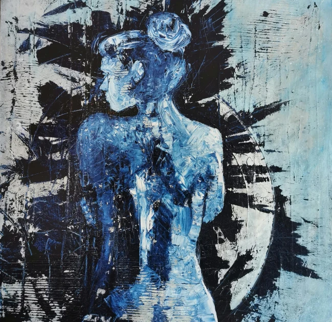 a painting of a woman in a blue dress, a painting, inspired by Nathaniel Pousette-Dart, unsplash, figurative art, exposed torso, monochrome, distress, stanisław szukalski