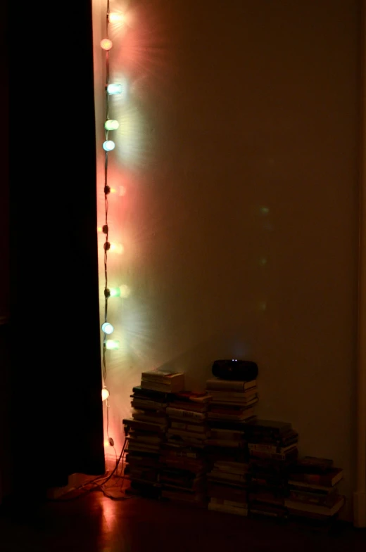 a room that has a bunch of books on the floor, an album cover, inspired by Elsa Bleda, reddit, christmas lights, low quality photo, translucent orbs, taken on a 2010s camera
