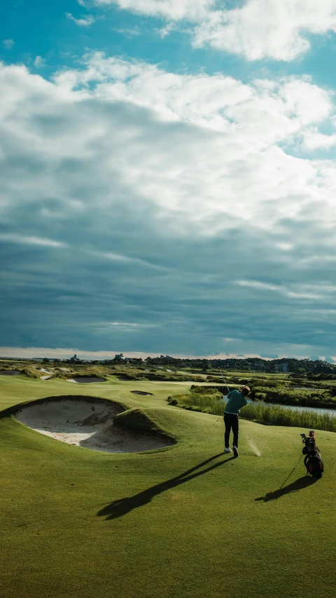 a person on a golf course with a dog, by Jesper Knudsen, unsplash contest winner, baroque, bunkers, wide long view, profile image, thumbnail