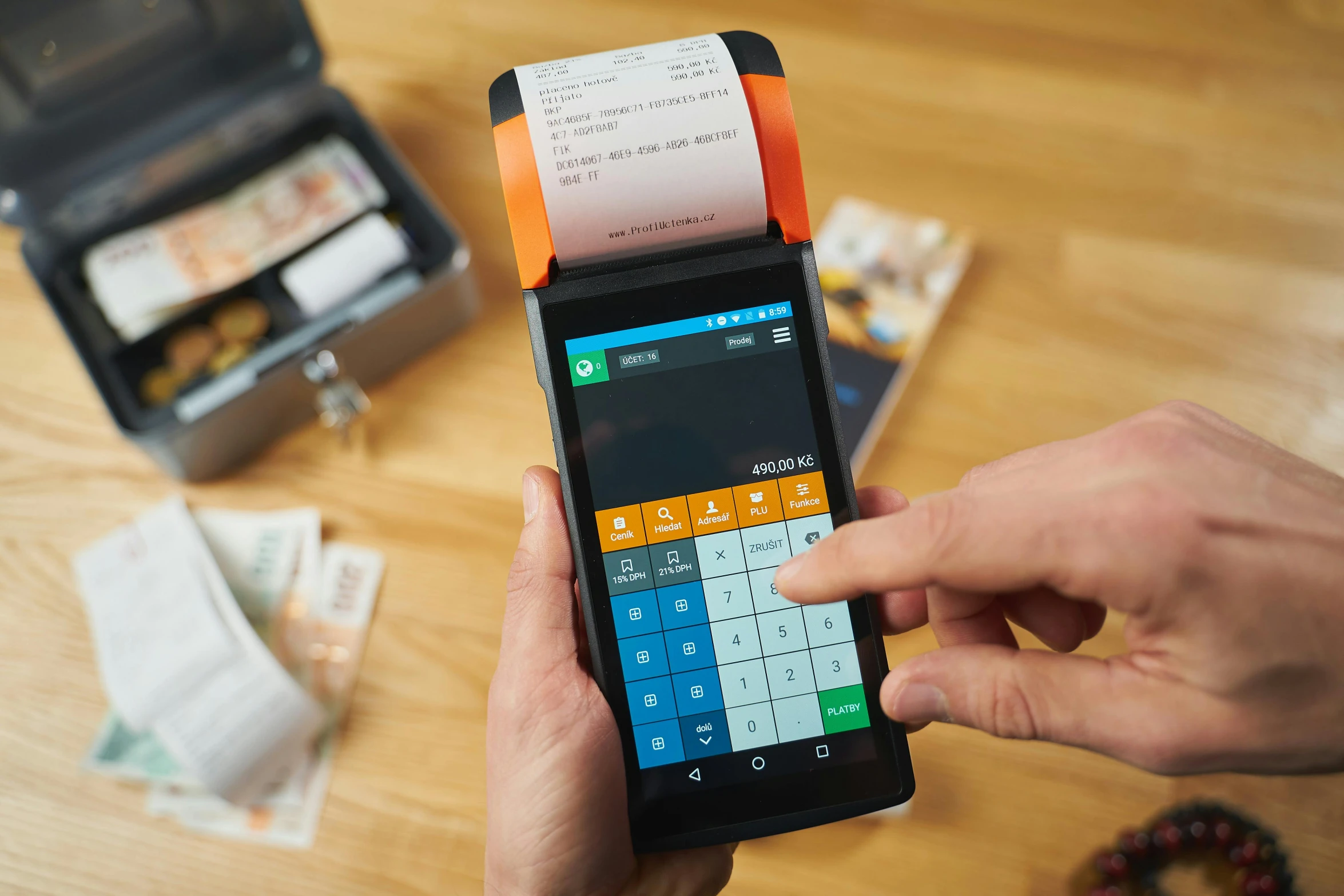 a person holding a smart phone with a receipt on it, private press, cyberdeck computer terminal, multicoloured, medium wide front shot, square