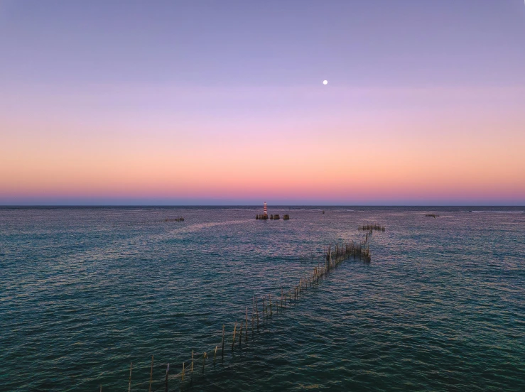 a body of water with a fence in the middle of it, pexels contest winner, pink moon, fishing village, fades to the horizon, farming