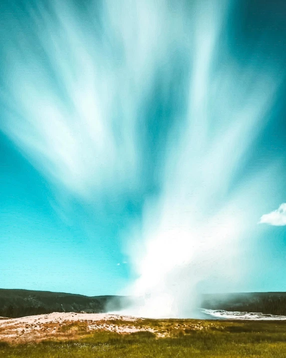 a large geyse in the middle of a field, by Dan Luvisi, pexels contest winner, bubbling geysers, blue sky, tsunami, blurred