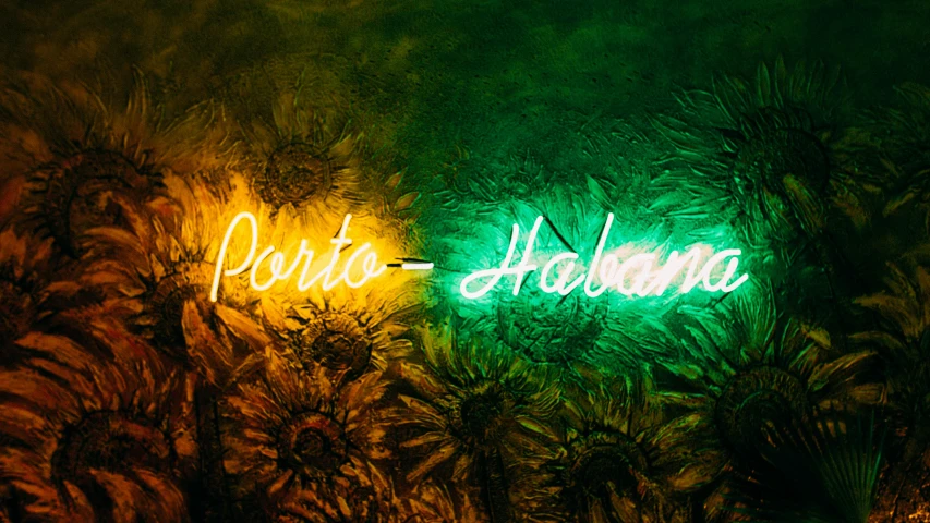 a neon sign hanging from the side of a building, by Gina Pellón, pexels, yellow and green, pablo hurtado de mendoza, harbor, at nighttime