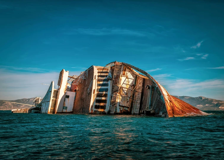 a ship sitting in the middle of a body of water, an album cover, by Filip Hodas, unsplash contest winner, renaissance, “derelict architecture buildings, the titanic is sinking, shaped like a yacht, brown