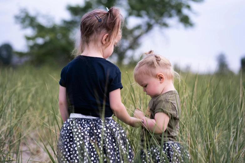 two little girls standing in a field of tall grass, pexels, toddler, two, grey, touching