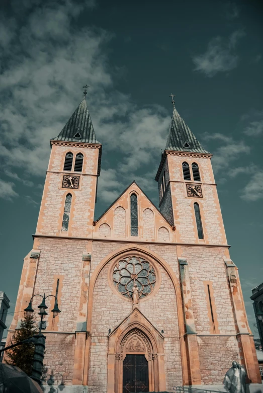 a black and white photo of a church, a photo, pexels contest winner, romanesque, color picture, front symetrical, gold, pink