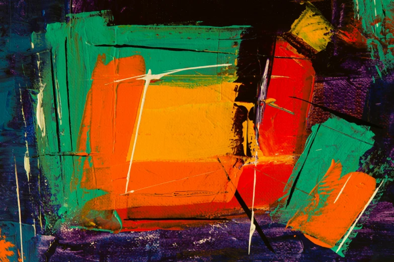an abstract painting with orange and green colors, inspired by Hans Hofmann, trending on pixabay, deep purple and orange, abstract blocks, night colors, ntricate oil painting