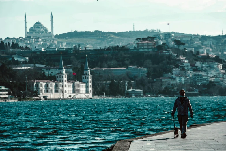 a man walking a dog down a sidewalk next to a body of water, pexels contest winner, renaissance, fallout style istanbul, 🚿🗝📝, hills in the background, turquoise ocean