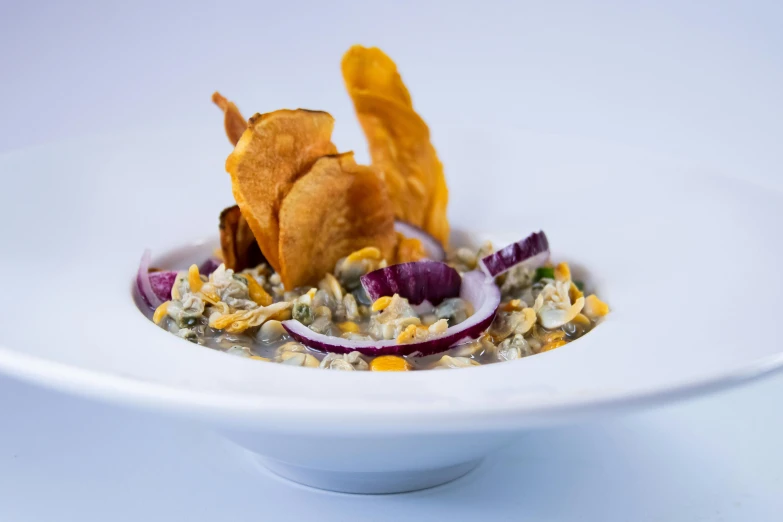 a white bowl filled with food on top of a table, inspired by Carpoforo Tencalla, light grey blue and golden, puerto rico, chips, product introduction photo