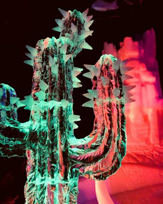 a close up of an ice sculpture of a cactus, neon ancient ruins, frozen in motion, promo image, instagram photo