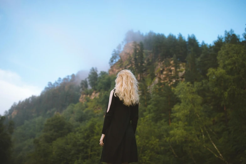 a woman standing on top of a lush green hillside, inspired by Elsa Bleda, pexels contest winner, romanticism, extremely pale blond hair, pine trees in the background, woman in black robes, curly blonde hair | d & d