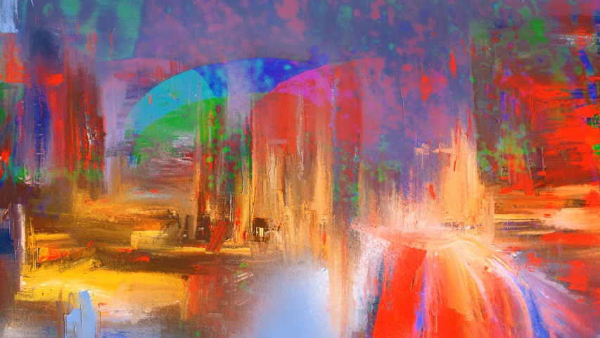 a painting of a person holding an umbrella, an abstract painting, inspired by Richter, lyrical abstraction, digital art - n 5, evening lights, colorful city, (abstract)