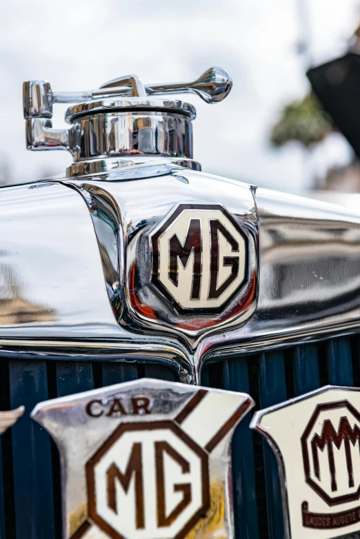 a close up of a hood ornament on a car, a picture, by David Simpson, pexels contest winner, modernism, magnesium, royal insignia in background, 🚿🗝📝